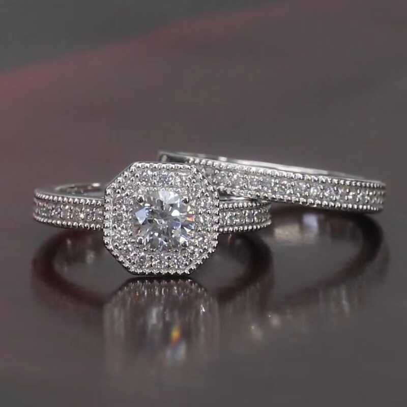 Anel de diamante completo casal princesa redondo anel de diamante moda luxo anel de noivado feminino fornecimento direto