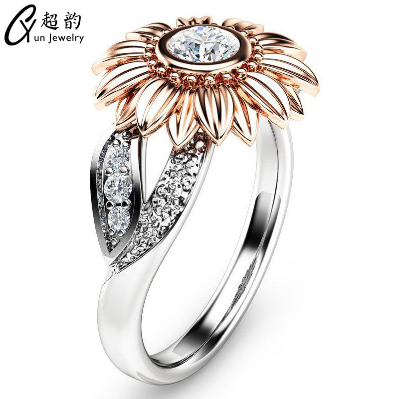 Rubi novo estilo zircão anel casal jóias flor anel de diamante girassol senhoras anel de diamante
