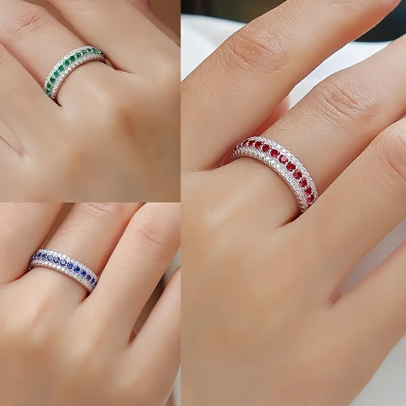 Viviane novo estilo anel verde vermelho azul pedra preciosa três círculos cheio diamante cor diamante anel de diamante