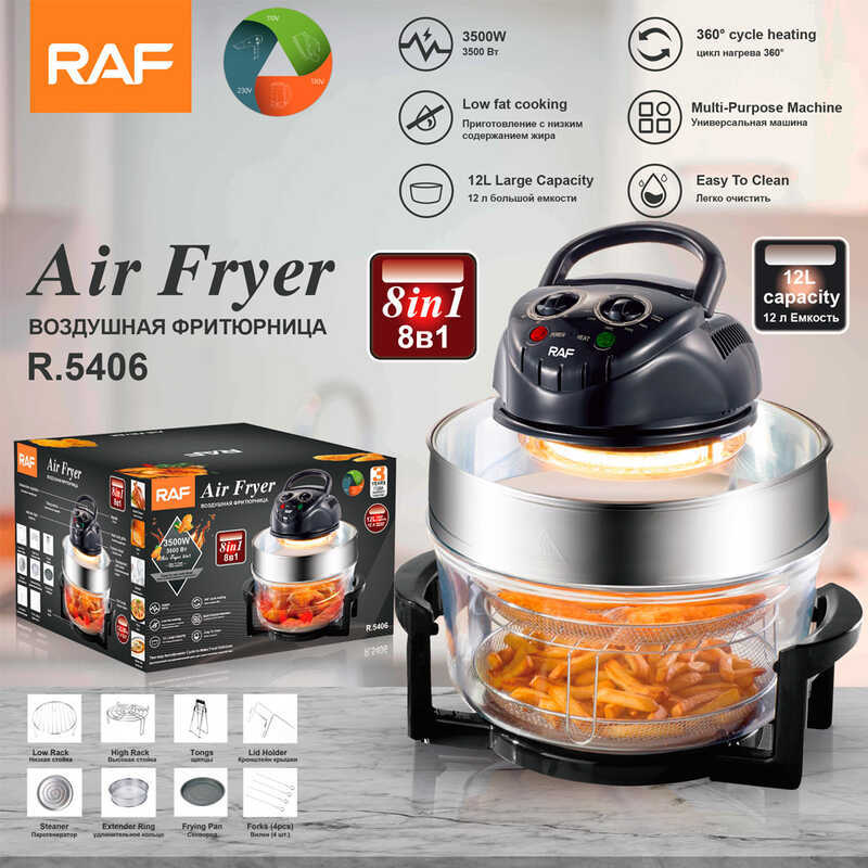 Fritadeira de Ar RAF 12L preta com visor de vidro e cesto com batatas fritas
