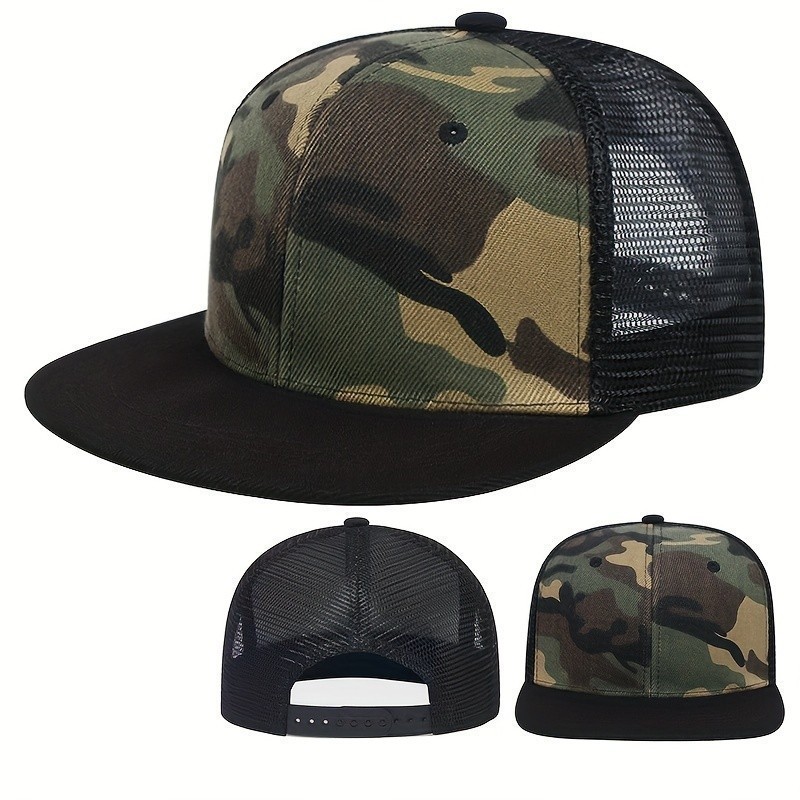 Boné Ajustável Camuflado - Boné Trucker Leve 100% Acrílico com Aba Preta, Respirável e Protetor Solar para Atividades ao