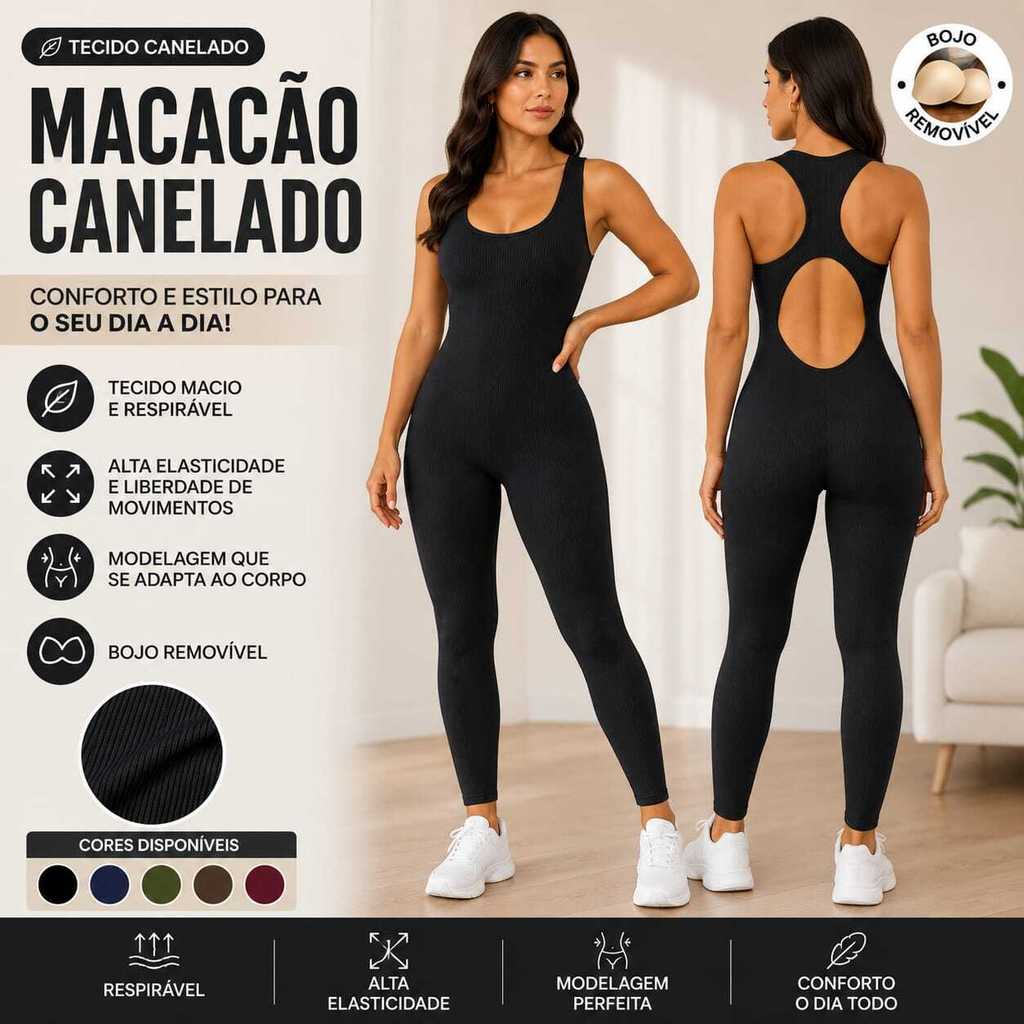Macacão Fitness Feminino Seamless Canelado Costas Cruzadas Bojo Removível Alta Compressão Modelador B40