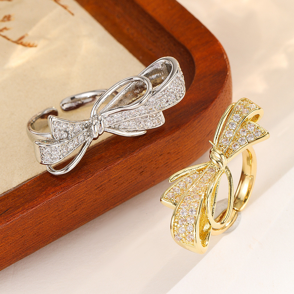 Rubi * luz luxo cheio de diamante arco aberto anel feminino banhado a ouro zircão diamante anel ajustável nicho requinta