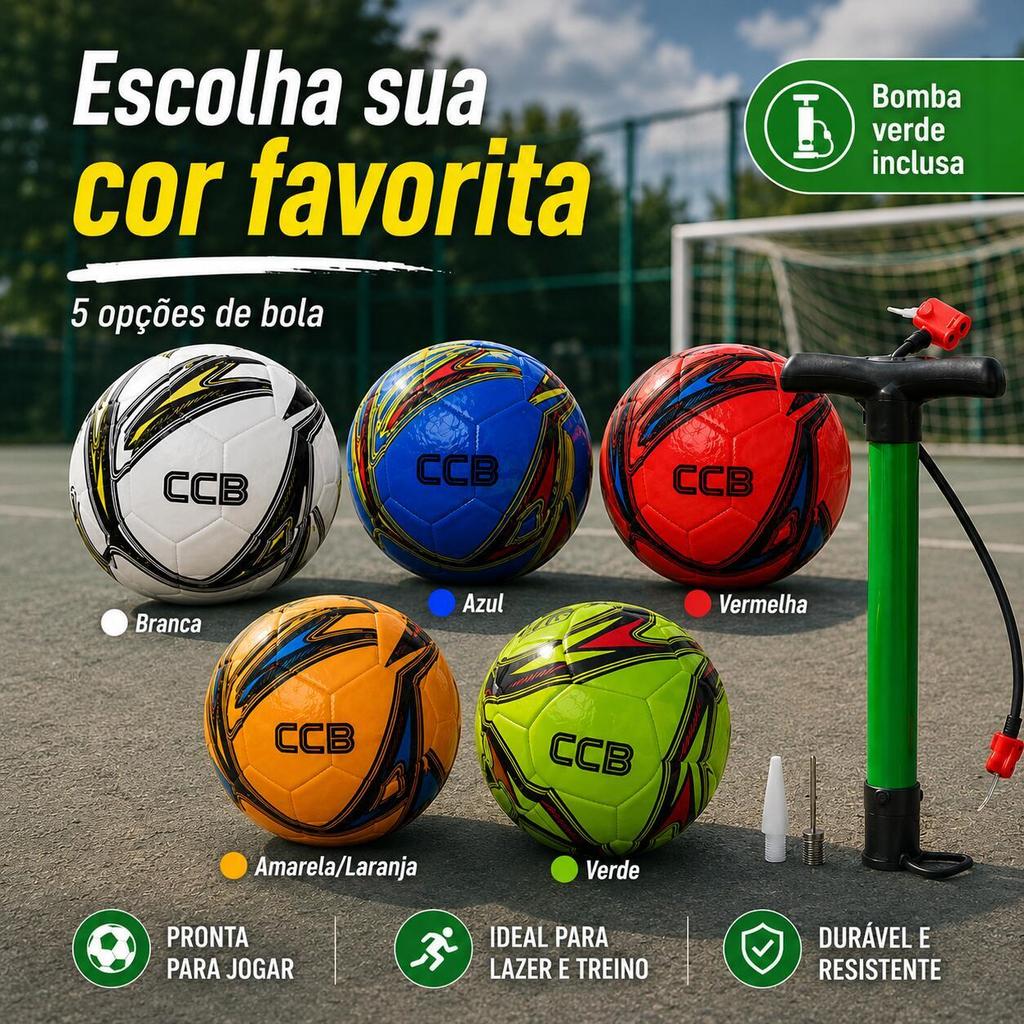 Kit CCB Futebol + Bomba de Ar Verde – 5 Cores para Lazer, Esporte, Quadra e Rua