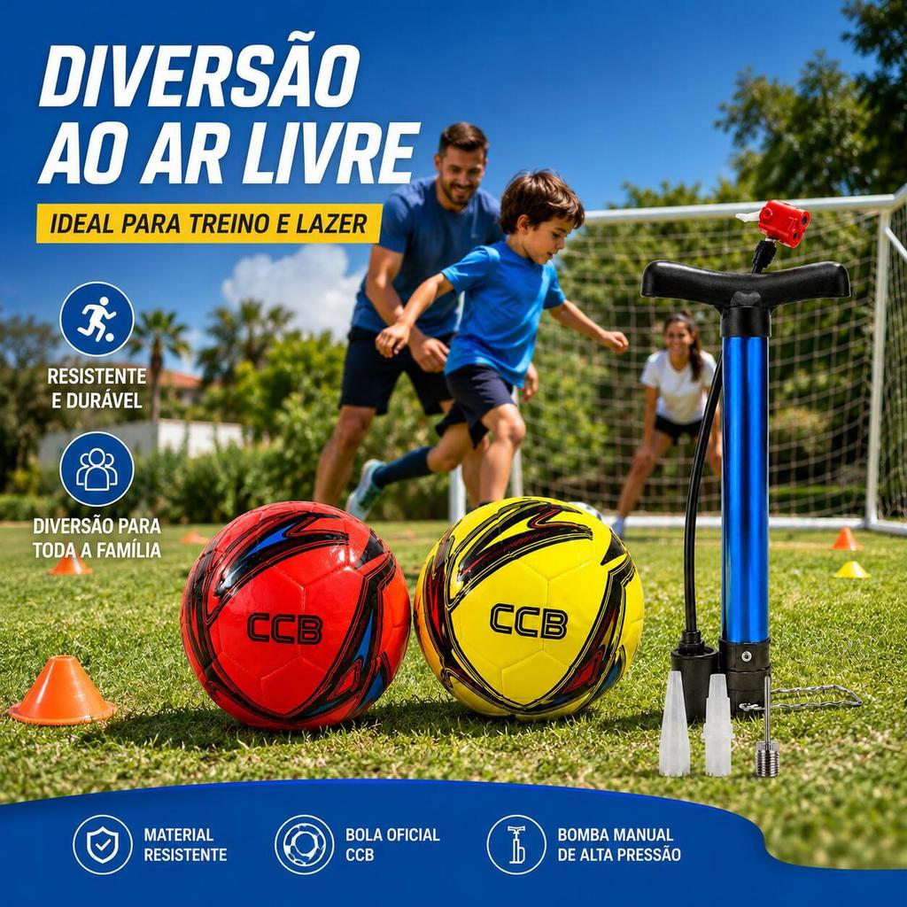 Kit Bola de Futebol com Bomba de Ar Manual Portátil e Bico Agulha para Treino, Jogo e Lazer – 5 Cores
