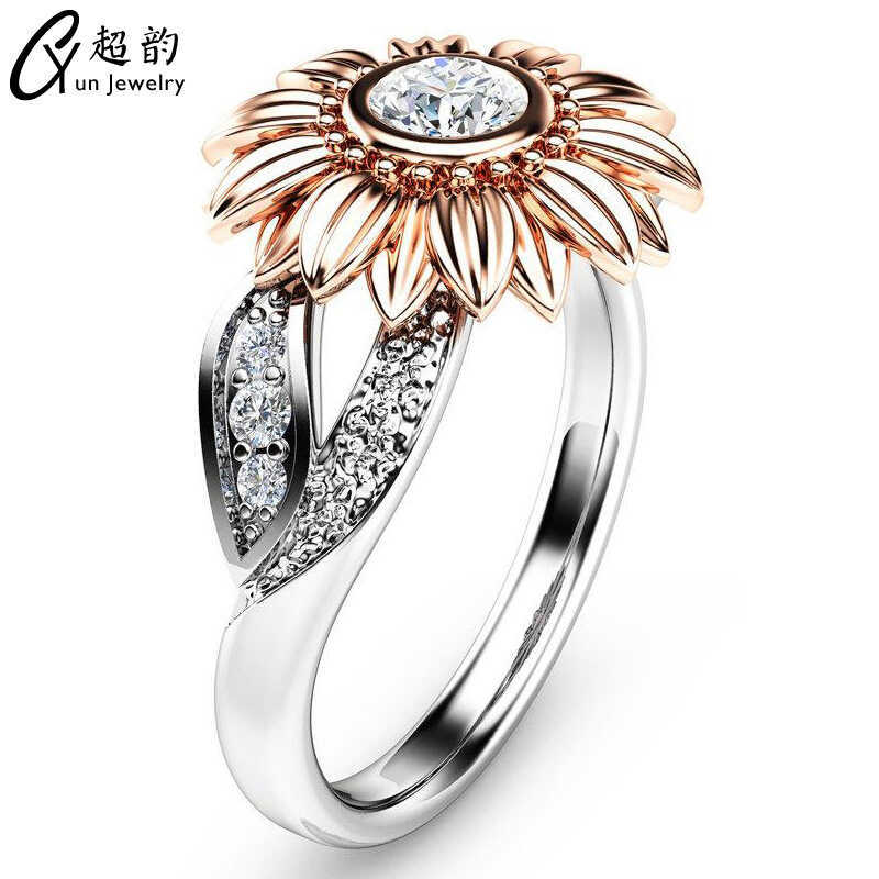 Novo anel de zircão casal jóias flor anel de diamante girassol senhoras anel de diamante