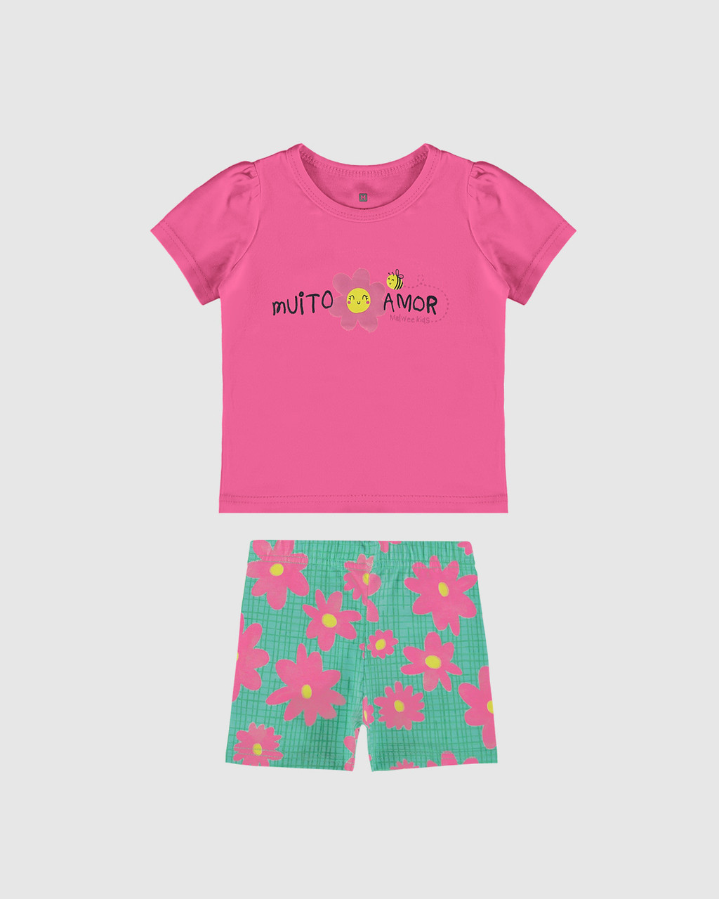 Conjunto Menina Malwee Kids Algodão Camiseta E Bermuda Ciclista Estampada Floral Verão