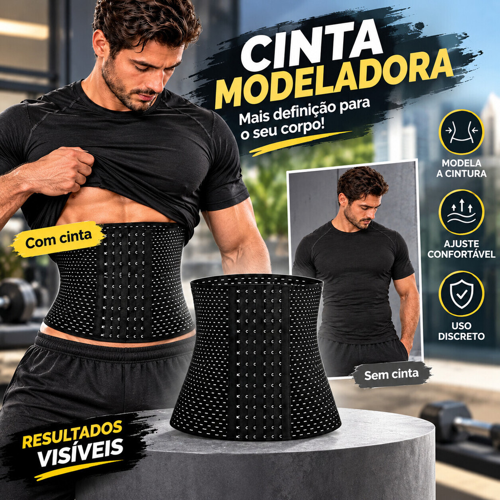 Cinta Modeladora Masculina 6 Fileiras de Ajuste – Compressão Abdominal, Respirável, Preta e Bege, PP ao GG