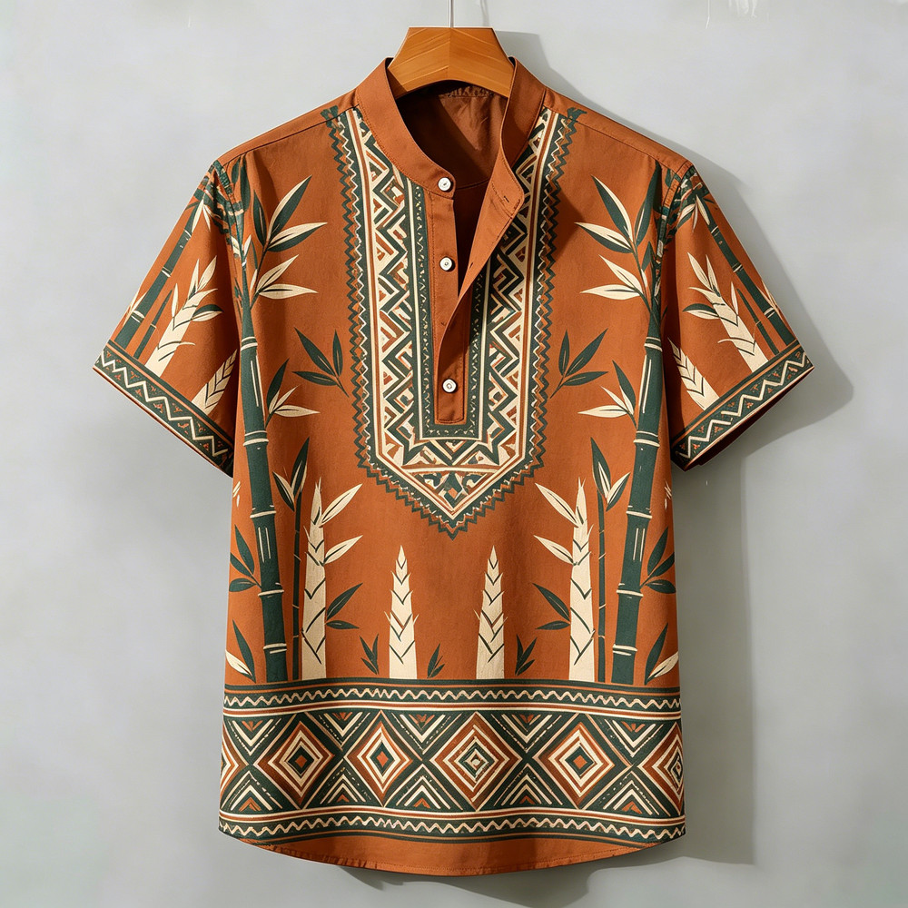 2026 Nova Camisa De Manga Curta Masculina Meia Carcela Henry Colarinho Respirável Bambu Floresta Impressão Rua Moda Topo