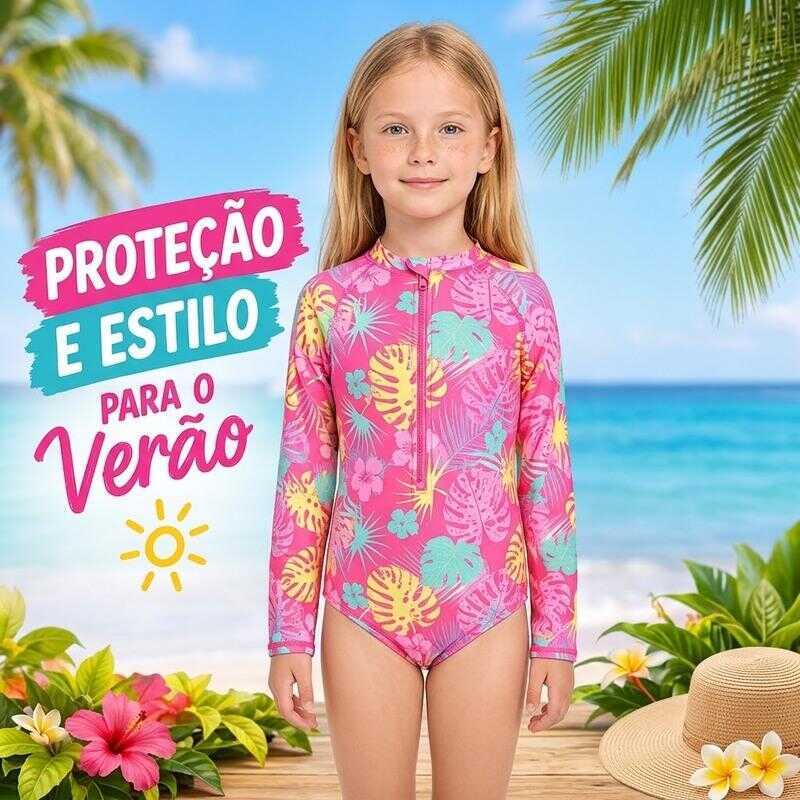 Maiô infantil macaquinho manga longa proteção UV roupa de banho uma peça para menina praia e piscina secagem rápida