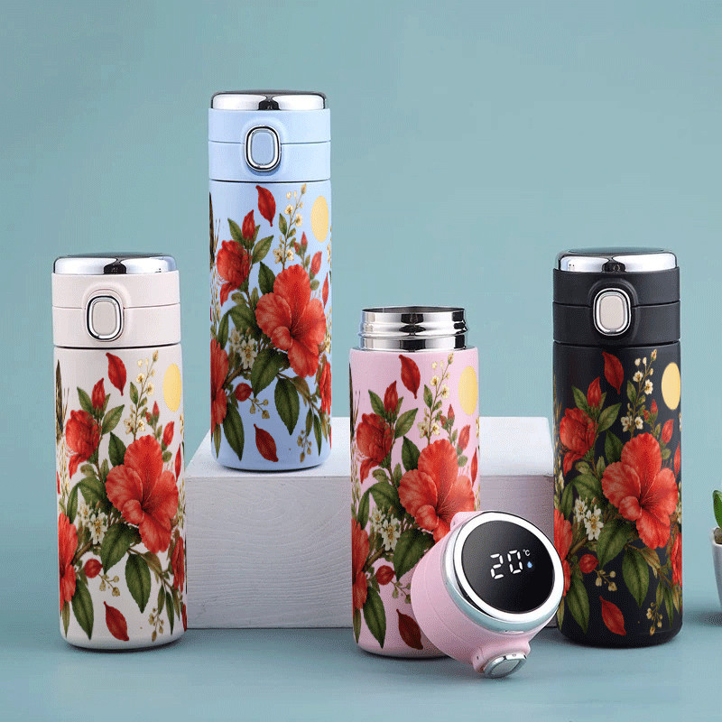 Garrafa Copo Térmica Aço Inoxidável Floral Borboleta 500ml Com Display De Temperatura , Uso Diário Portátil