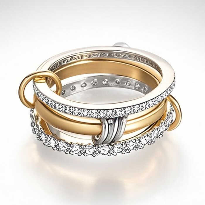Lindo anel de três anéis interligados cheio de diamante zircão anel de duas cores três anéis Multi-elemento moda jóias p