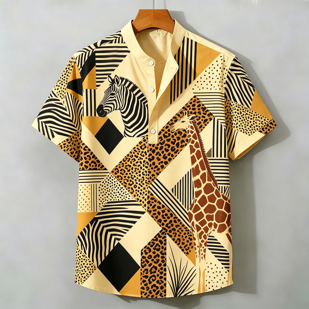 2026 Nova Camisa Masculina De Manga Curta Meia Carcela Henry Colarinho Respirável Leão Leopardo Impressão Rua Moda Topo