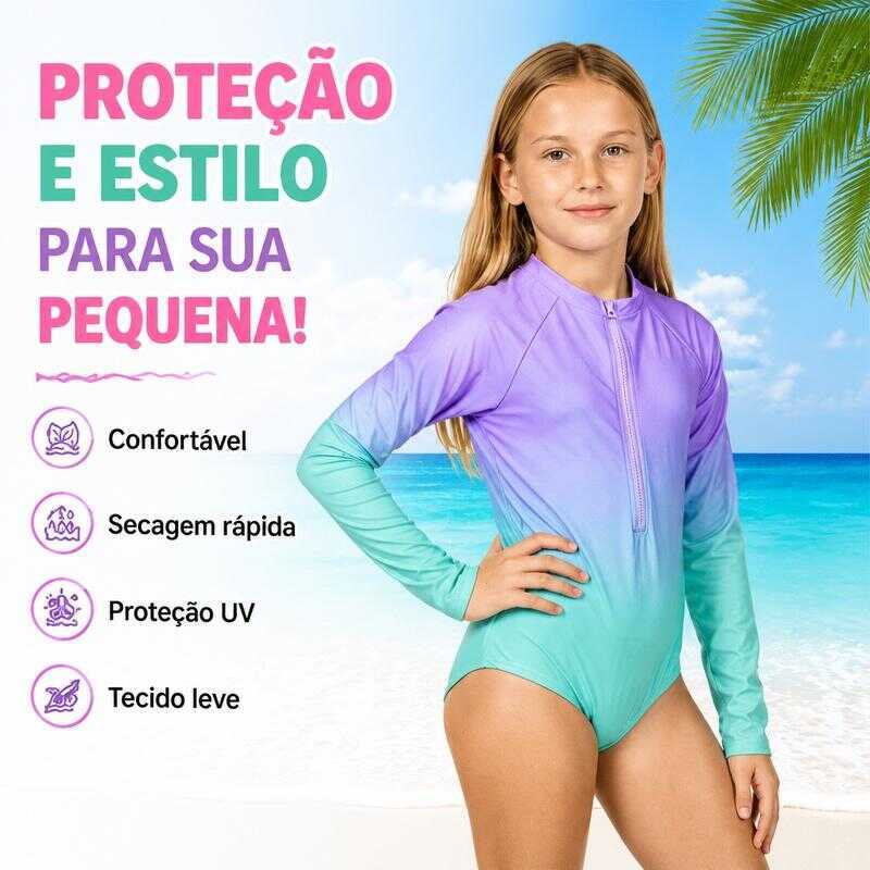 Rashguard Infantil Maiô de Uma Peça Manga Longa Zíper Frontal Proteção UV Degradê para Meninas Praia Piscina