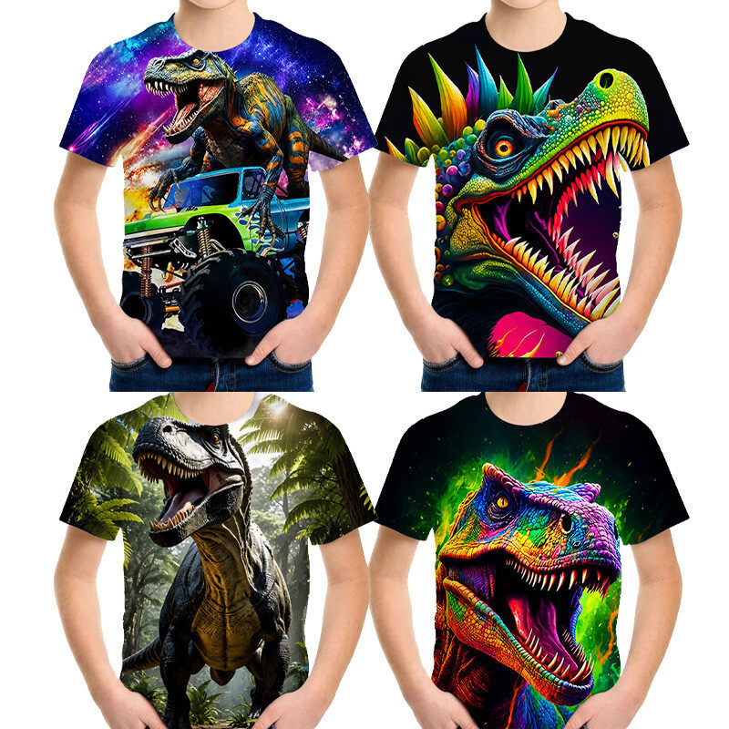 4 Estilos Tiranossauro Rex Monster Truck Impresso Meninos Camiseta De Manga Curta 3D Completo Crianças Verão Respirável 