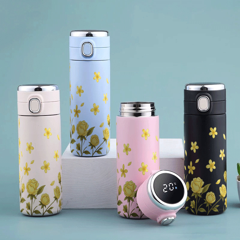 Garrafa Copo Térmica Aço Inoxidável Floral Amarelo 500ml Com Display De Temperatura , Uso Diário Portátil