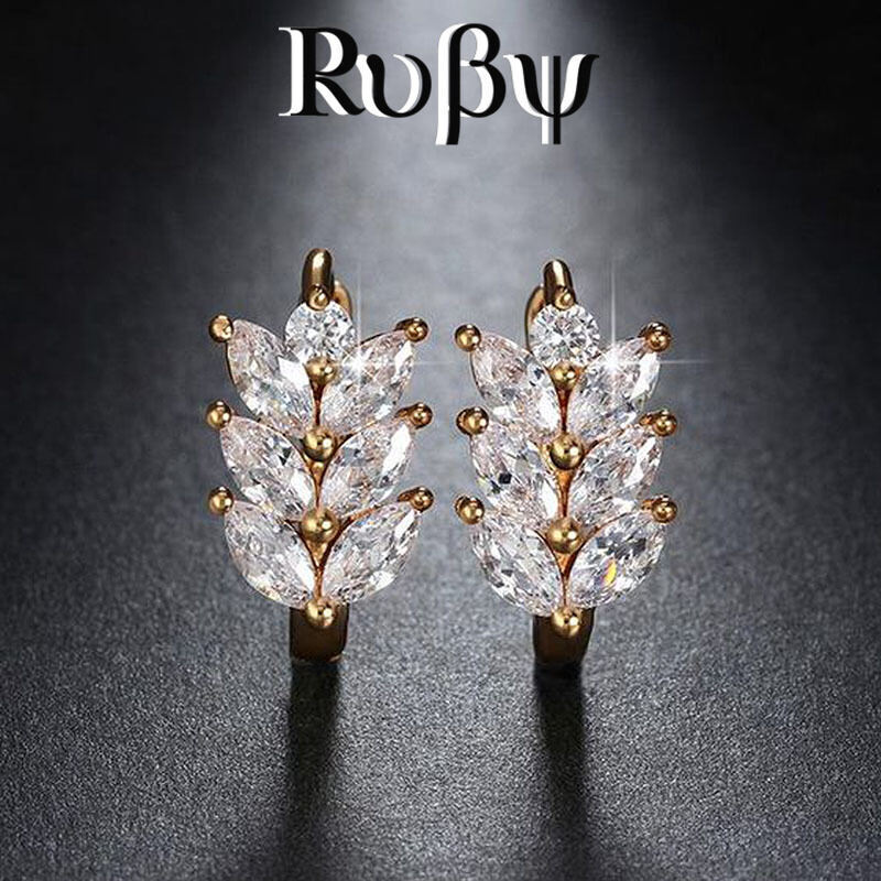 Ruby * Venda quente brincos moda diamante folha brincos feminino temperamento trigo orelha zircão brincos
