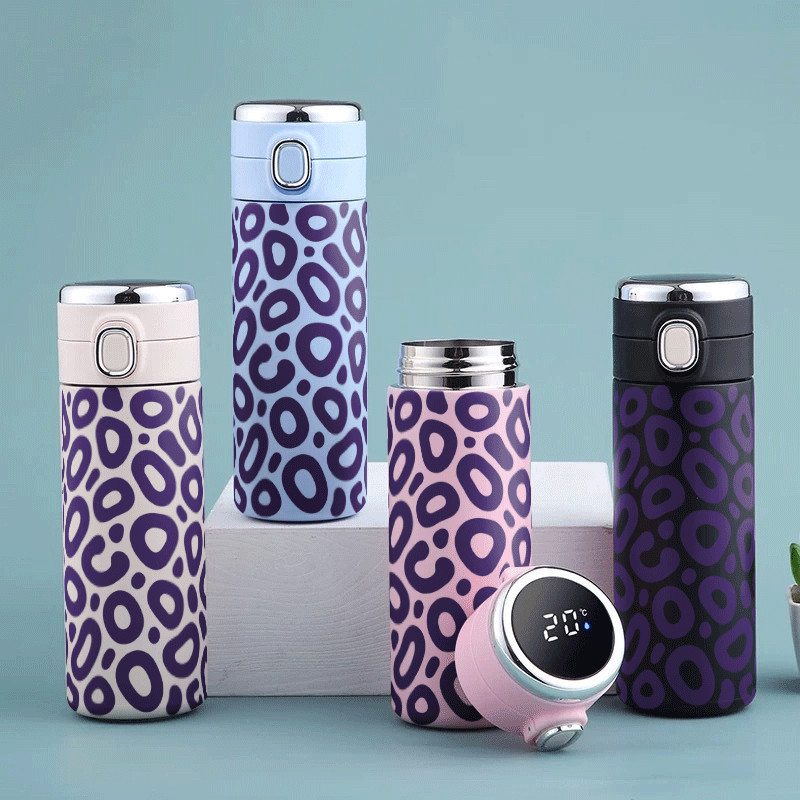 Garrafa Copo Térmica Aço Inoxidável Purple Leopard 500ml Com Display De Temperatura , Uso Diário Portátil