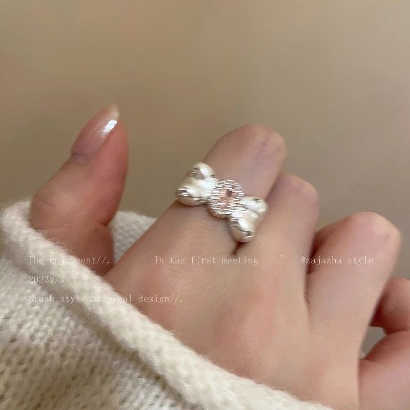 Pêssego rosa diamante ~ arco anel feminino estilo doce abertura ajustável índice dedo anel nicho Design exclusivo anel