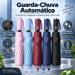 Guarda-Chuva Automático 3 Dobras 10 Varetas Reforçado Antivento Compacto 32cm Proteção Sol e Chuva