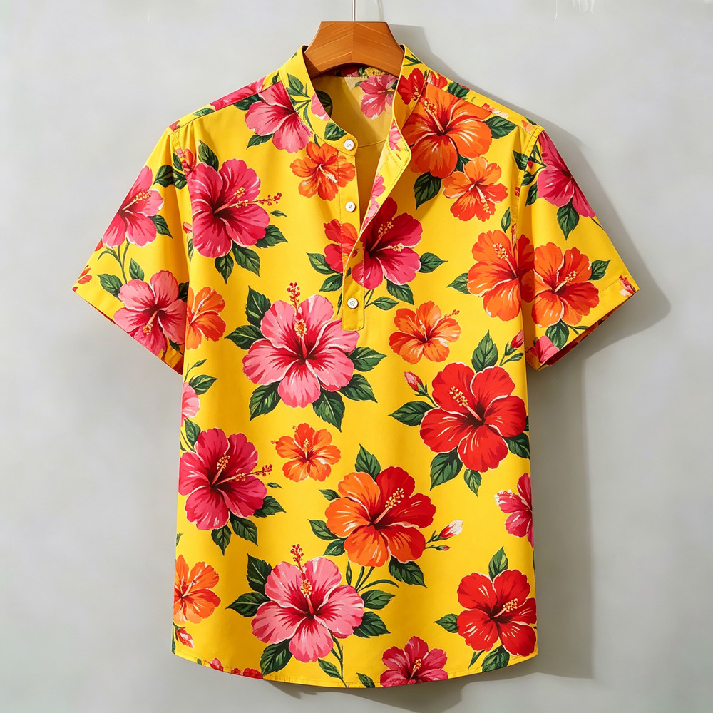 Camisa Masculina De Manga Curta 2026 , Meia Carcela , Gola Henry , Respirável , Estampa De Rua , Moda
