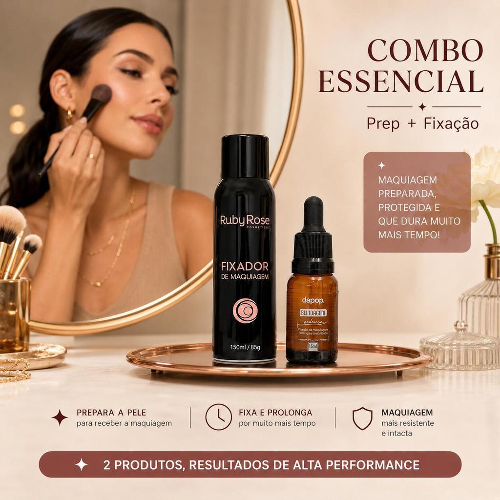Kit Maquiagem Longa Duração à Prova d'Água: Fixador Ruby Rose, Blindagem Dapop e Diluidor