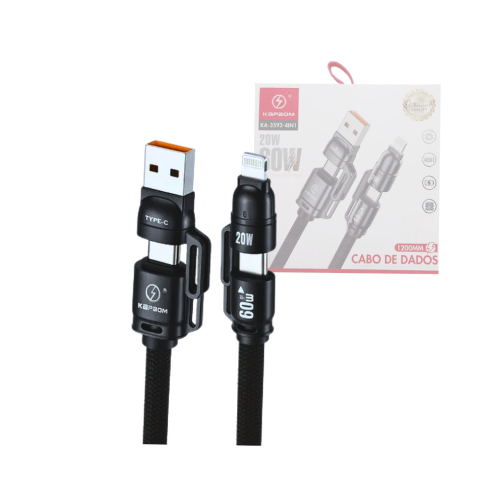 Cabo de dados 4 em 1 (USB/2x TPC/Lightning) 60W de 1,20 metros
