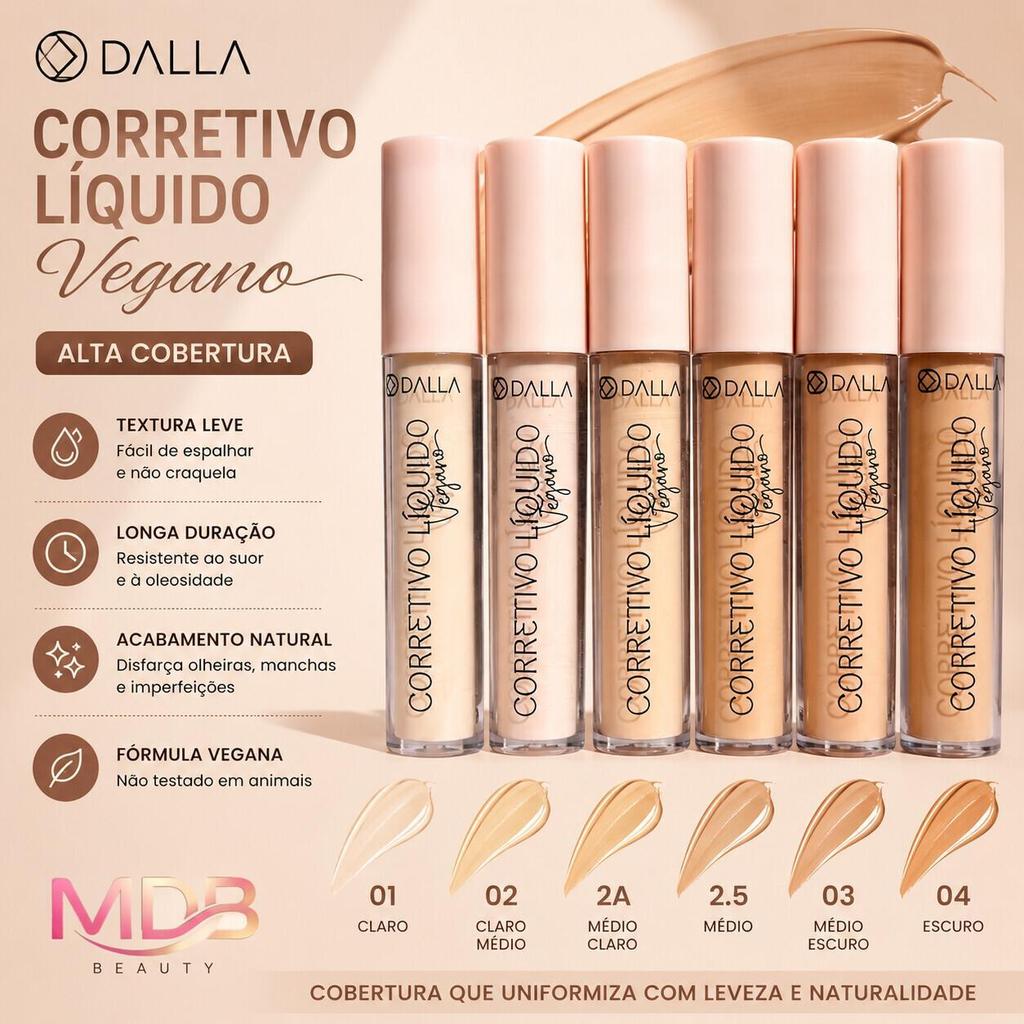 Corretivo Facial Líquido Dalla Cobertura Uniforme para Olheiras Acabamento Natural Vegano DL043
