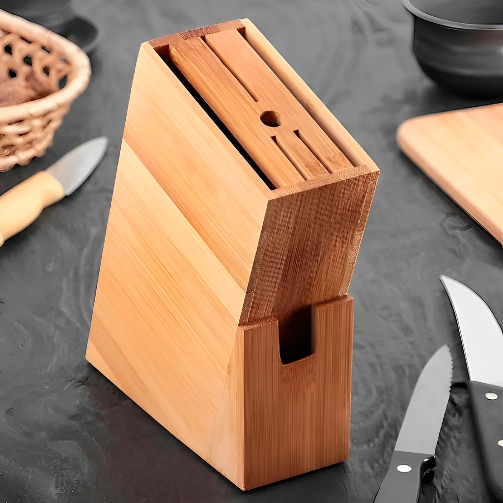 Porta Facas em Bambu com 7 Slots – Suporte Organizador Vertical para Cozinha