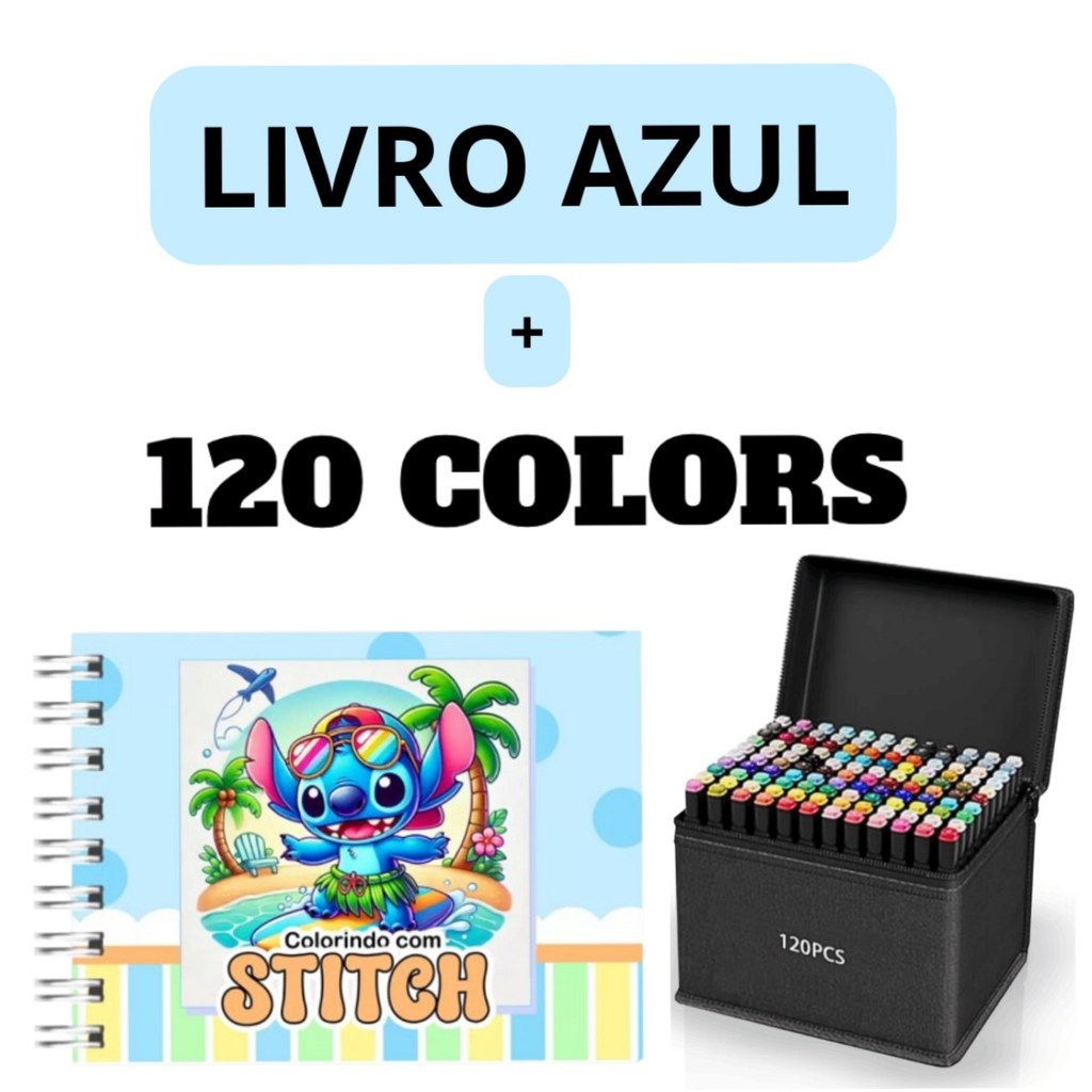 Kit Livro LIL. STI  de Colorir Infantil + 120 Canetas Ponta Dupla Estojo Organizador Azul Filme