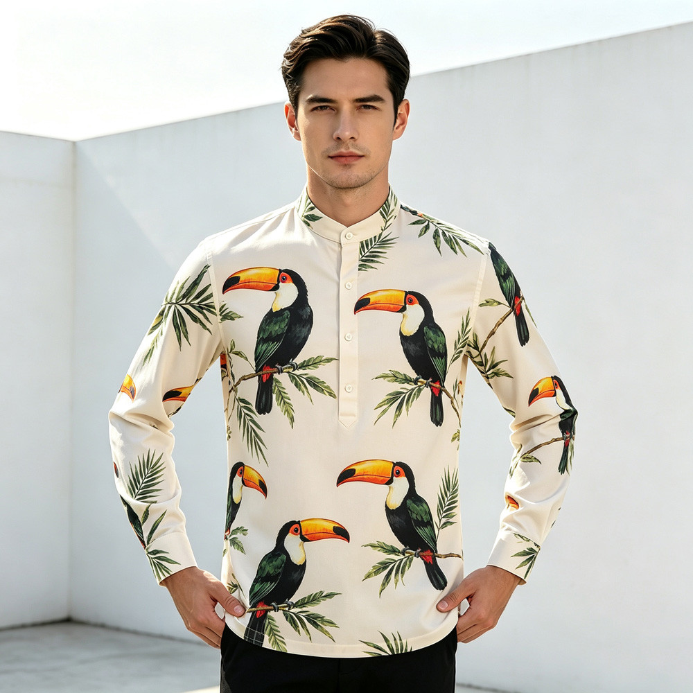Nova Moda Masculina Meia Carcela Gola Camisa De Manga Longa Respirável Confortável Tropical Arara Tucano Impressão Artes