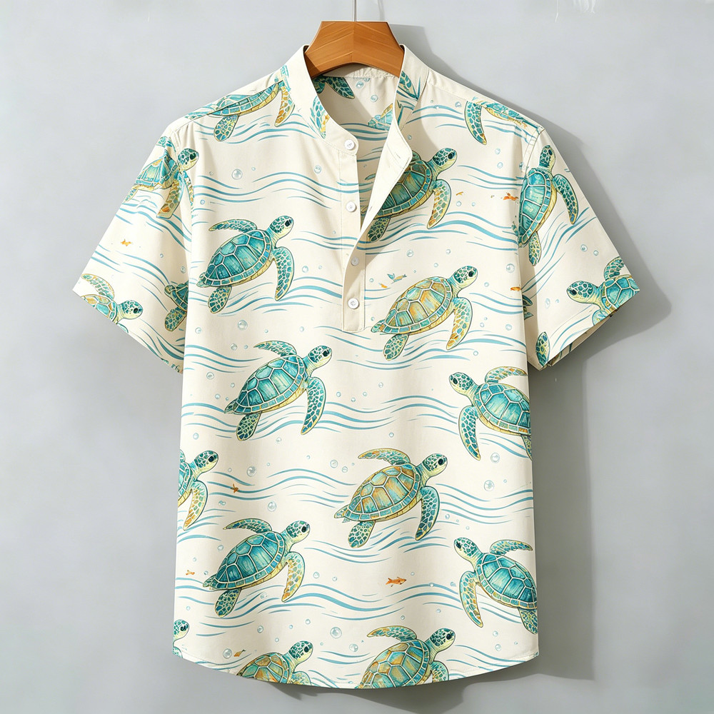 2026 Nova Camisa De Manga Curta Masculina Meia Carcela Henry Colarinho Respirável Mar Tartaruga Onda Impressão Rua Moda 