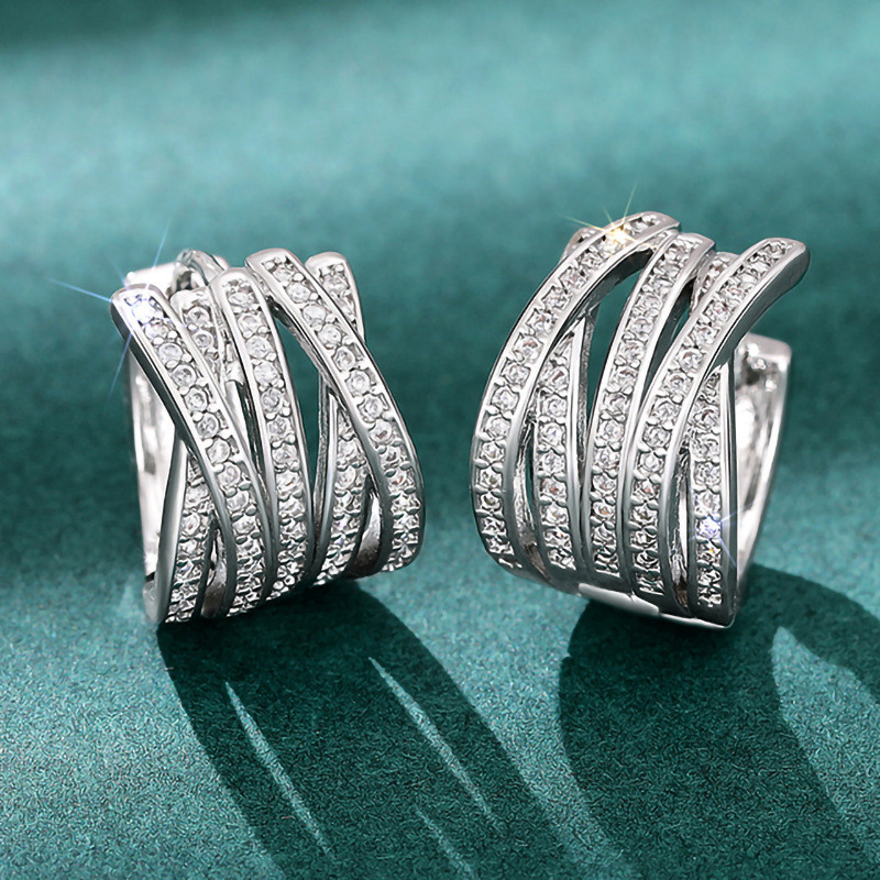 Ruby ** Brincos cruzados de linha multicamadas, brincos elegantes de diamante com vários anéis, banquete, brincos popula
