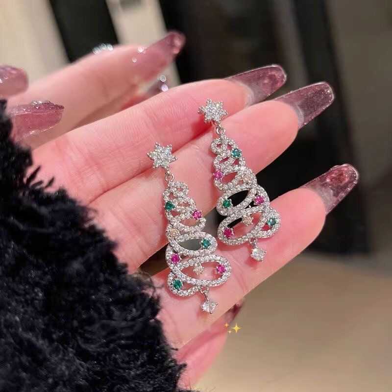 Brincos de natal coloridos cravejados de diamantes brincos de árvore de natal oco piscando diamantes longos brincos pers