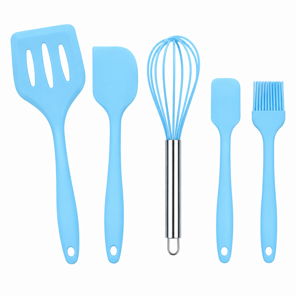Jogo de Utensílios de Cozinha em Silicone 5 Peças Azul Kit de Cozinha Antiaderente Resistente ao Calor para Panelas
