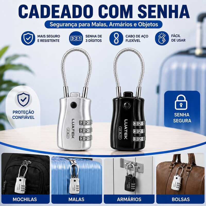 Cadeado Portátil com Segredo e Senha, Cabo de Aço para Mala, Viagem, Bagagem, Armário e Academia