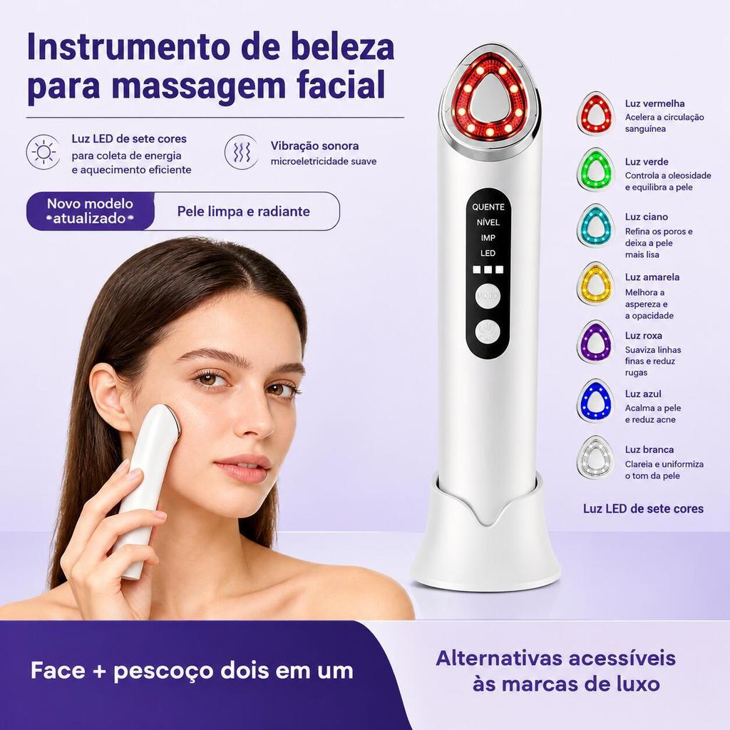 Massageador Facial Elétrico com LED 7 Cores, Vibração e Aquecimento