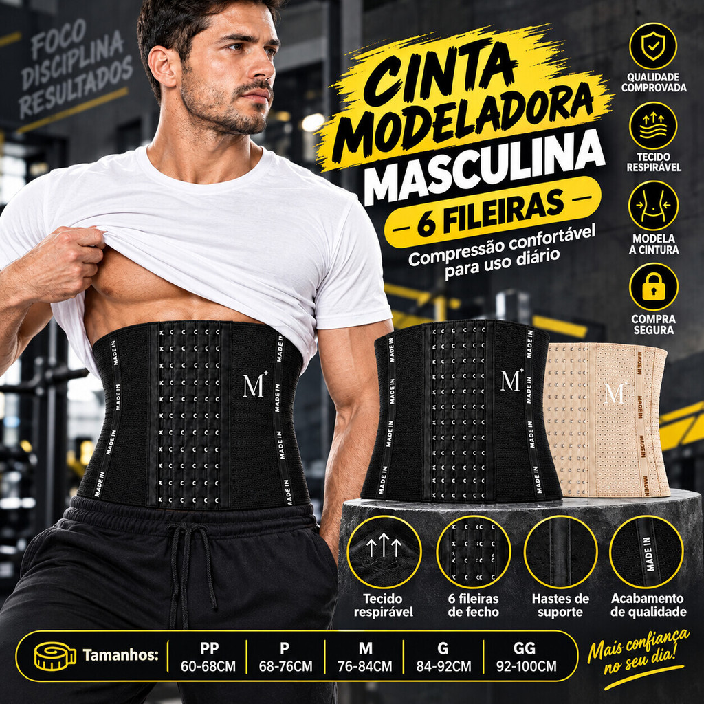 Cinta Modeladora Masculina 6 Fileiras – Abdominal, Compressão Ajustável, Respirável, Preta e Bege, PP ao GG
