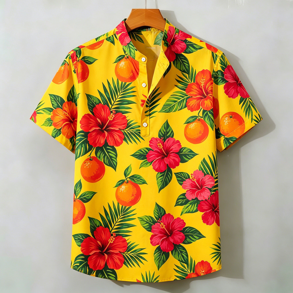 2026 Nova Camisa De Manga Curta Masculina Meia Carcela Henry Colarinho Respirável Laranja Hibisco Impressão Rua Moda Cas