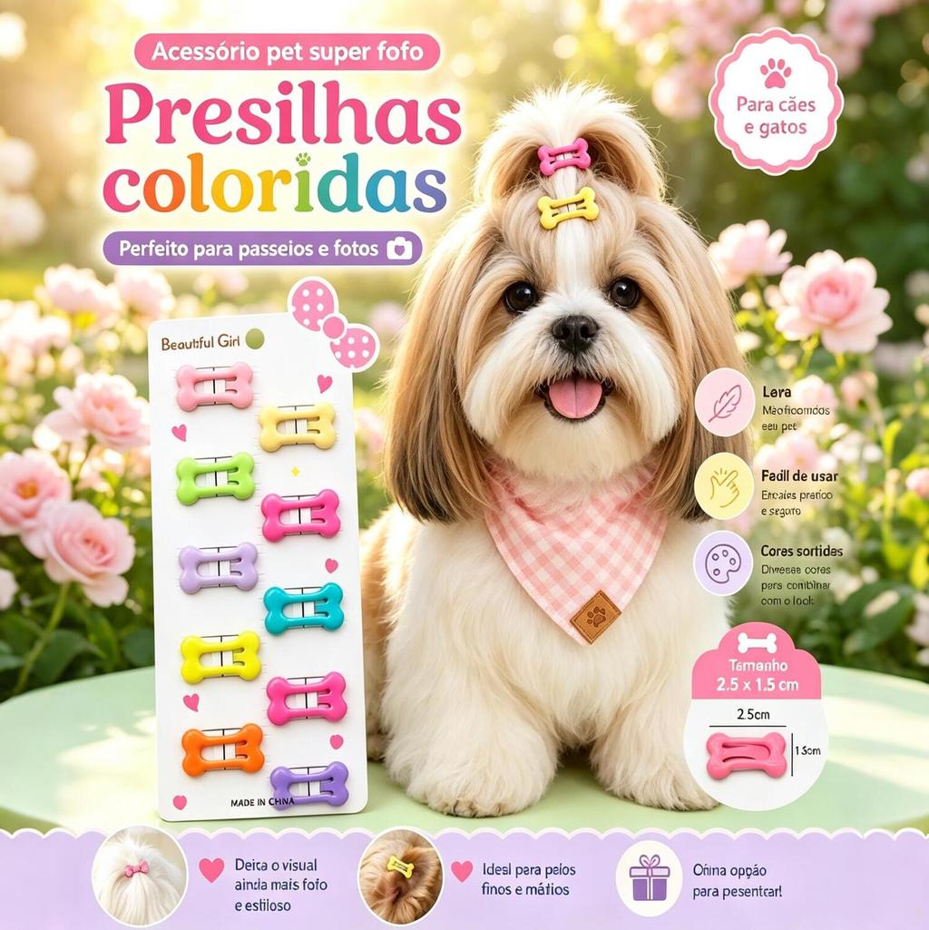 Kit 10 Presilhas Pet Coloridas Prendedor de Pelo para Cães e Gatos Banho e Tosa Shih Tzu Yorkshire 2,5cm