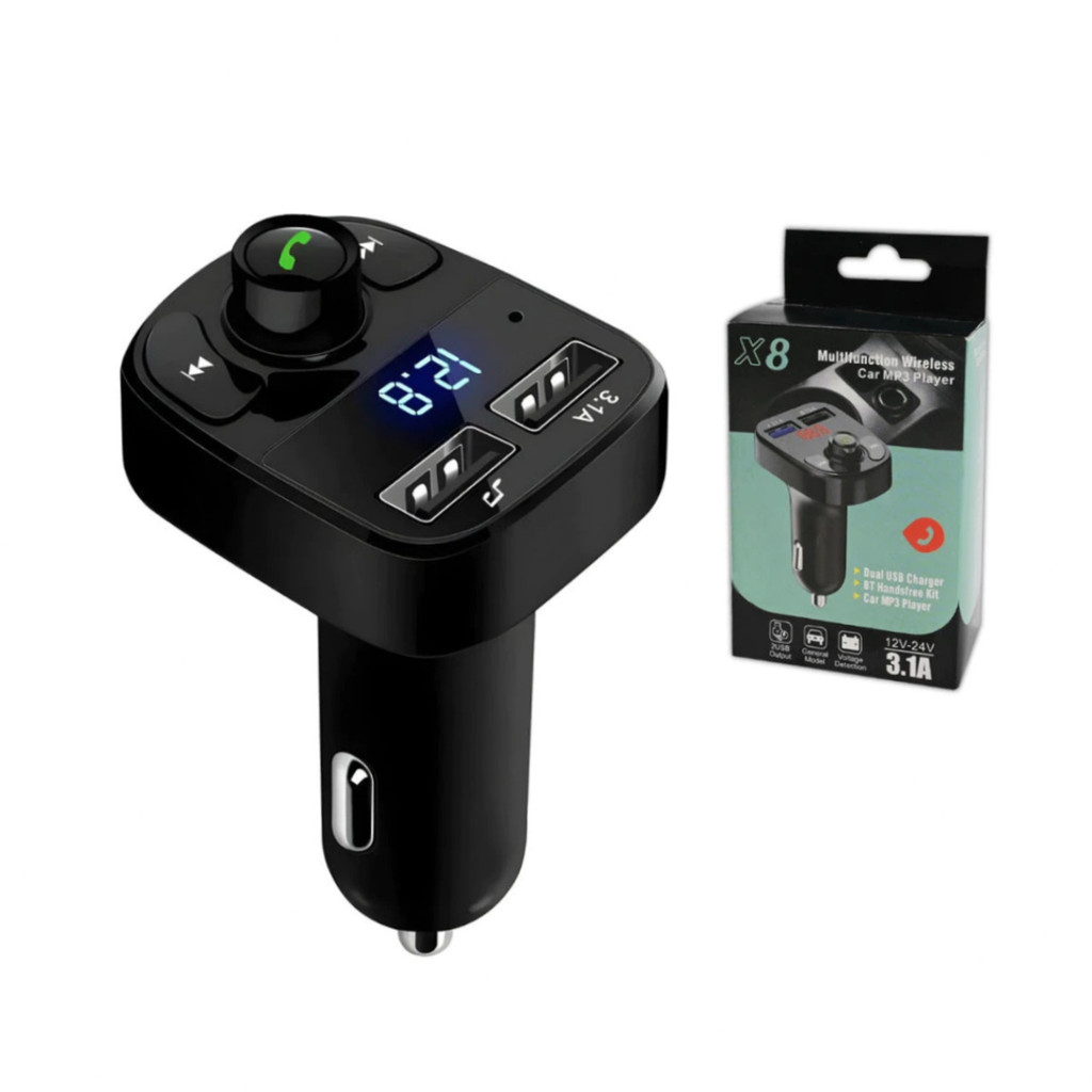 Transmissor FM Bluetooth Veicular X8 Carregador USB Duplo 3.1A Mãos Livres Som Automotivo 12V 24V