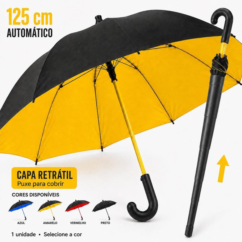 Guarda-Chuva Grande 125cm Automático com Capa Retrátil Integrada Cabo Curvo para Sol e Chuva