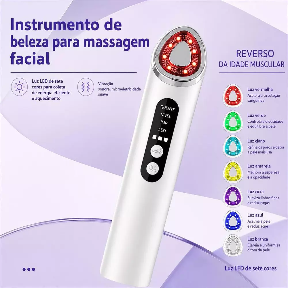 Massageador Facial Multifuncional com LED 7 Cores e 3 Níveis de Aquecimento