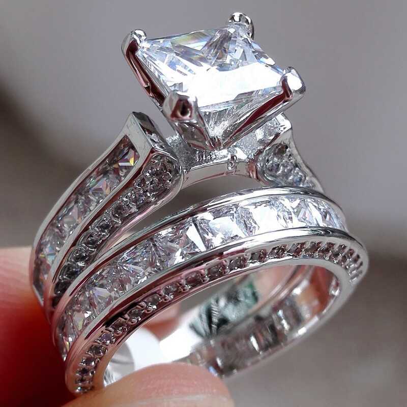 Anel de zircão casal anel jóias zircão anel exclusivo conjunto de diamante anel