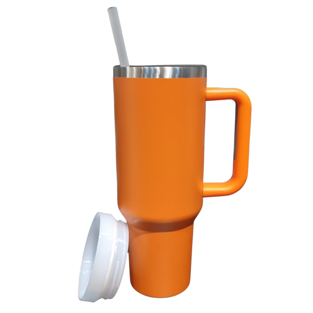 Normal - Copo Caneca (1200 ml) Inox com Alça e Canudo - Laranja