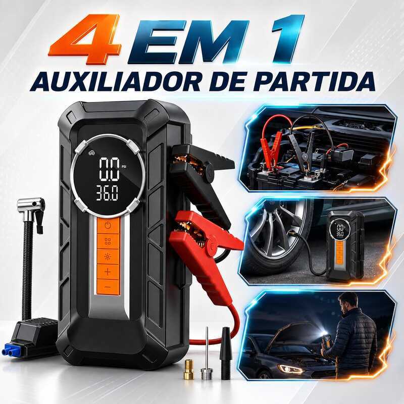 Compressor de Ar Portátil 4 em 1 Sem Fio + Auxiliar de Partida + Power Bank + Lanterna LED Carro Moto