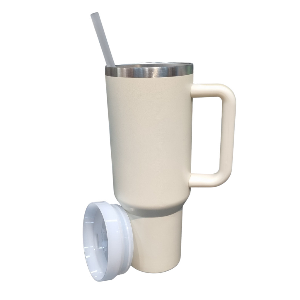 Normal - Copo Caneca (1200 ml) Inox com Alça e Canudo - Bege