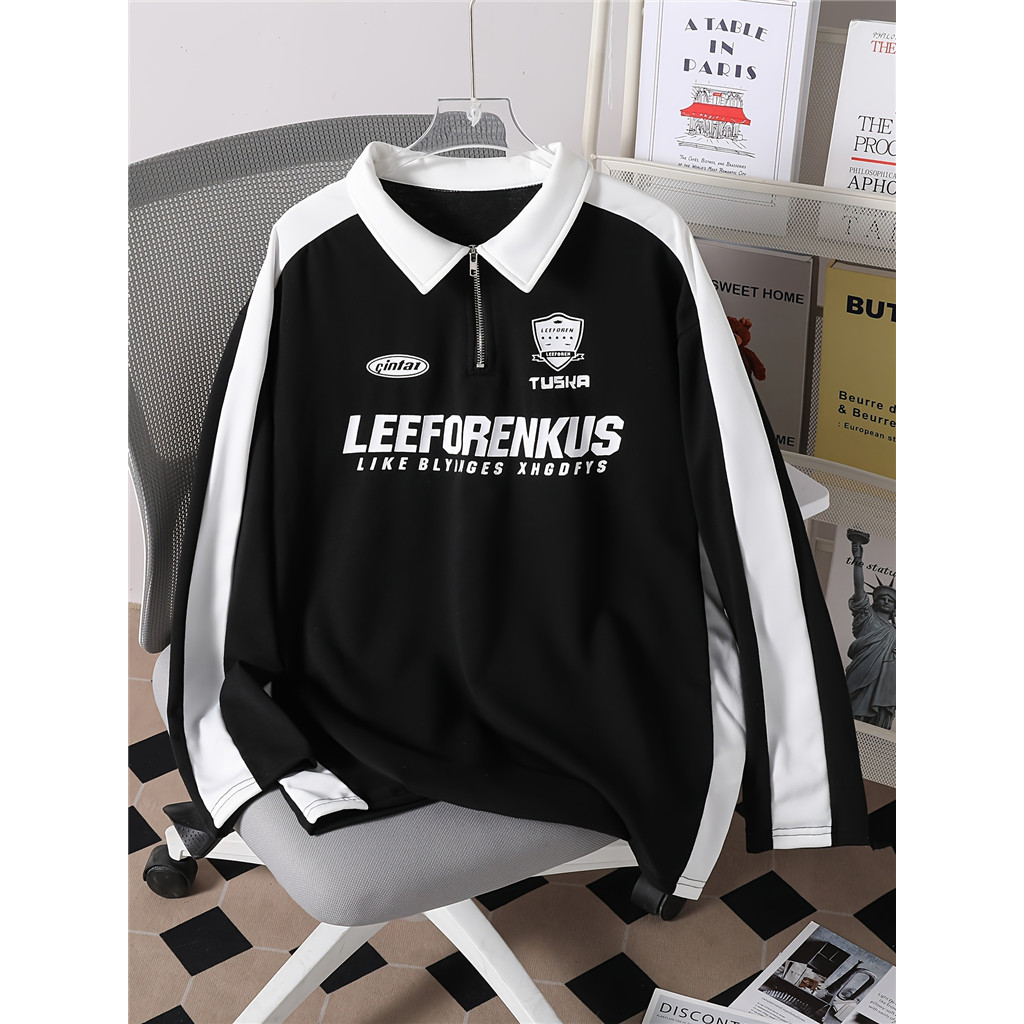 Moletom Com Capuz Zíper E Estampa De Letras Estilo Americano Jovem – Pulôver Casual De Manga Comprida Preto Branco Contr