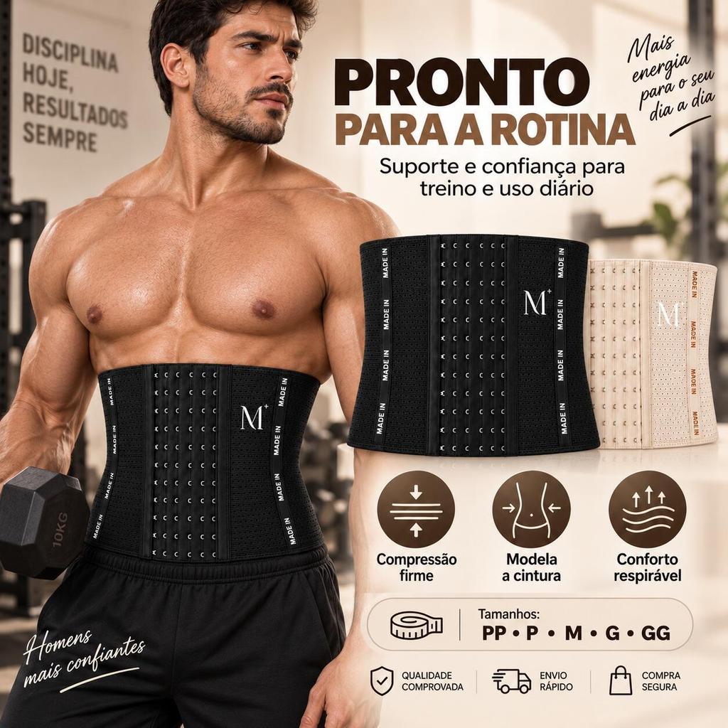 Cinta Modeladora Masculina Abdominal com 6 Fileiras – Compressão Ajustável e Respirável, PP ao GG, Preta/Bege