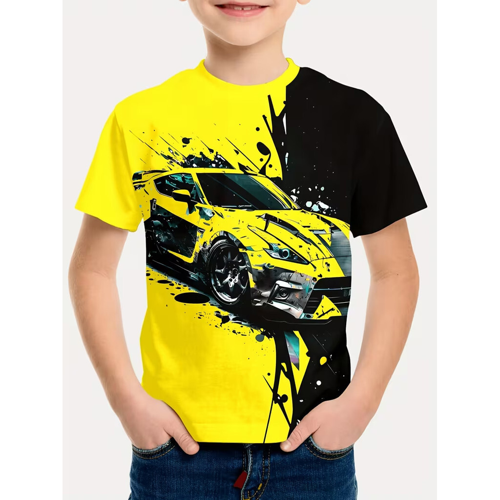 Meninos Corrida Impresso Camiseta De Manga Curta Verão Novo Estilo Crianças Graffiti Carro Esportivo Puro Algodão Topo R